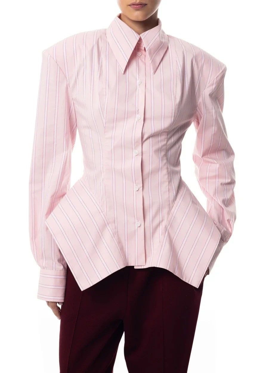 Fitted Striped Shirt Asymmetric Hem — Pink | KIMLUD