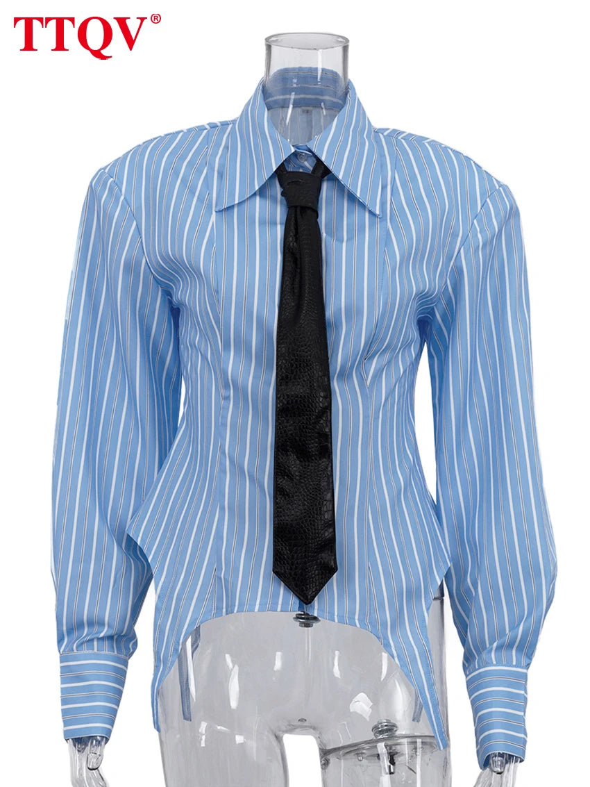 Loose Stripe Print Blouse Lapel Long Sleeve — Light Blue | KIMLUD