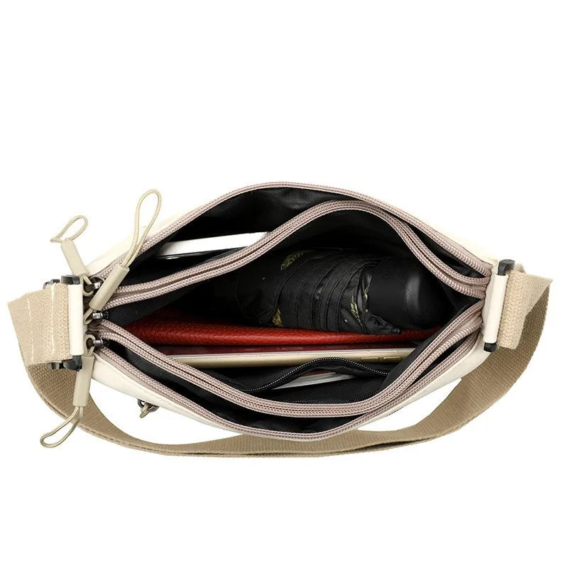 Canvas Textured Nylon Shoulder Crossbody Bag Multi Pocket — Cream | KIMLUD