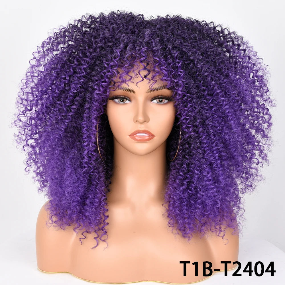 Afro Kinky Curly Hair Wigs With Bangs — Natural Brown Mixed | KIMLUD