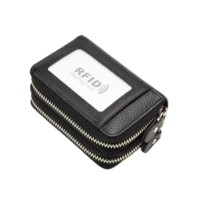 Genuine Leather Wallets RFID Blocking Double Zipper — Black | KIMLUD