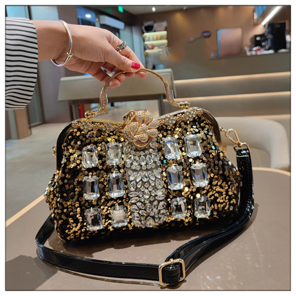 Leather Crystal Sequin Buckle Handbag — Black | KIMLUD