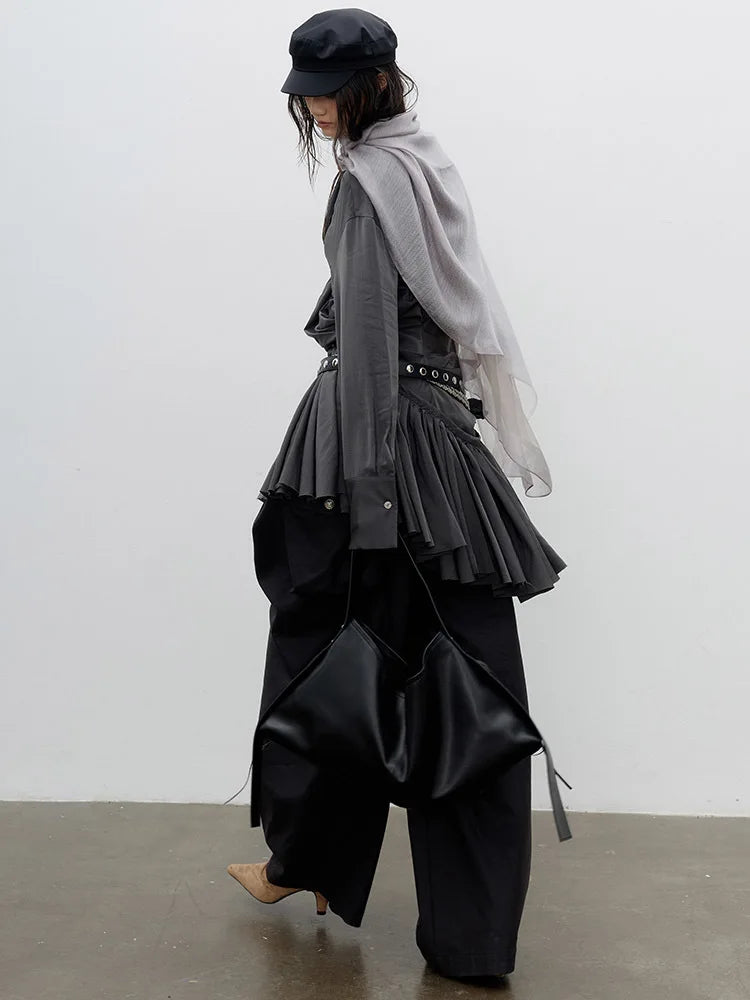 Shirt Dress – Pleated Irregular Burr Hem – Cotton Jersey – Gray | KIMLUD