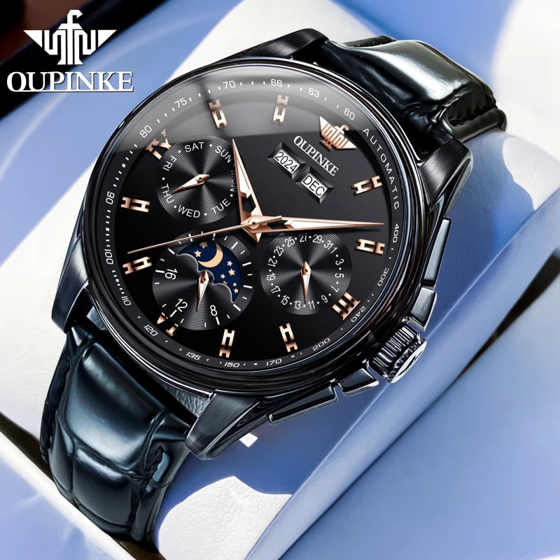 Leather Strap Automatic Watch Moon Phase Chronograph — Silver | KIMLUD