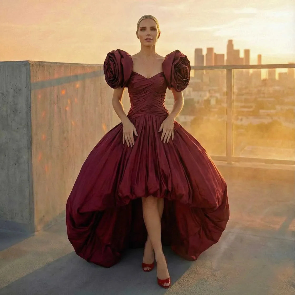 Burgundy Floral Party Dresses Custom Made Prom Dress Taffeta Pleated Long Prom Gowns Asymmetrical Long V Neck Women Dress