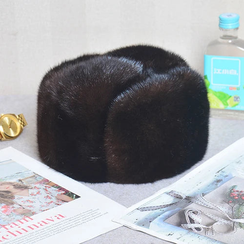 Mink Fur Winter Hat — Top-Hat Crown Silhouette — Deep Black | KIMLUD