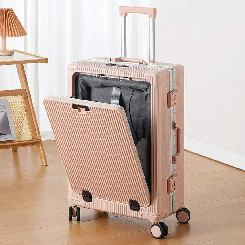 New Suitcase Front Opening Laptop Bag Aluminum  Frame Luggage with USB Port Password Trolley Case Travel Suitcases 20-28 inch