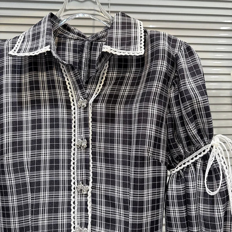 Shirt Dress – Plaid Bow Tie Long Sleeve – Polyester | KIMLUD