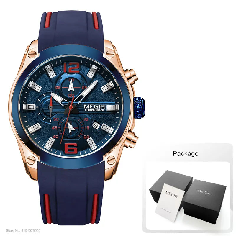 Megir Men's Chronograph Analog Quartz Watch with Date, Luminous Hands, Waterproof Silicone Rubber Strap Wristswatch for Man