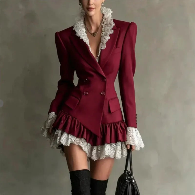 Mini Dress – Double Breasted Lapel – Lace Ruffle Silhouette – Polyester | KIMLUD