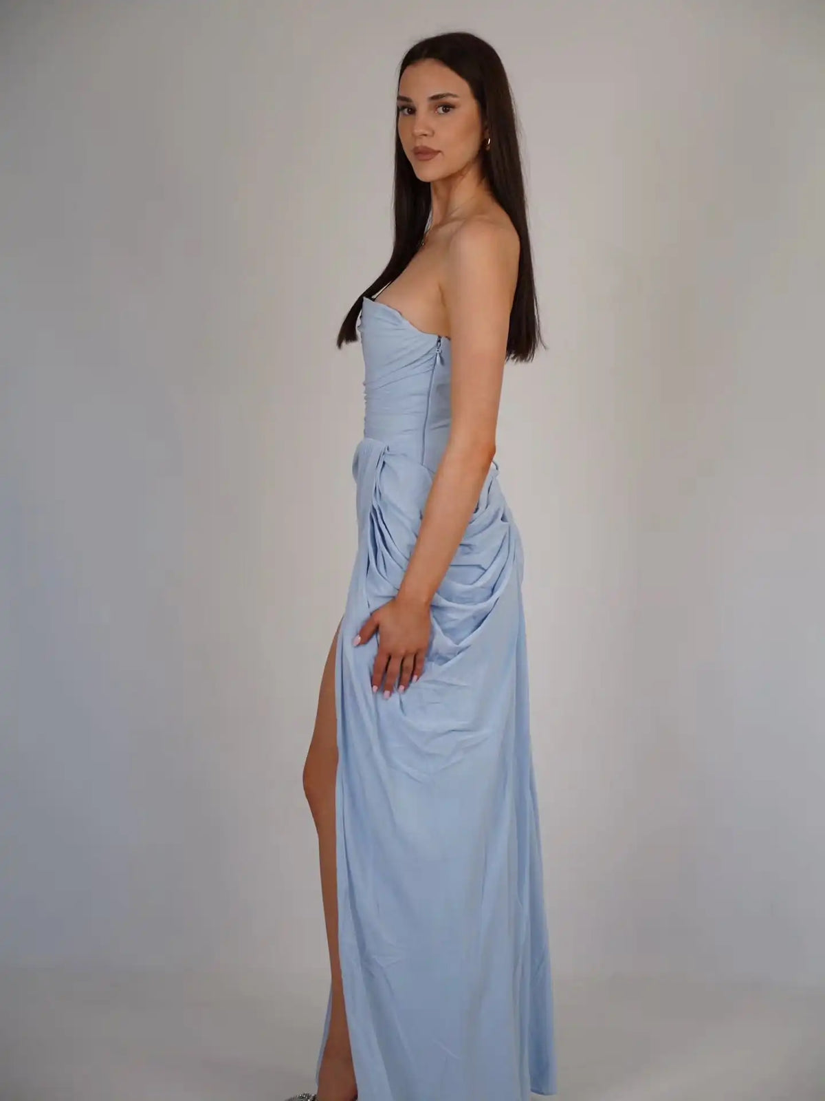 Evening Dress – Strapless Ruched Chiffon – Light Blue | KIMLUD