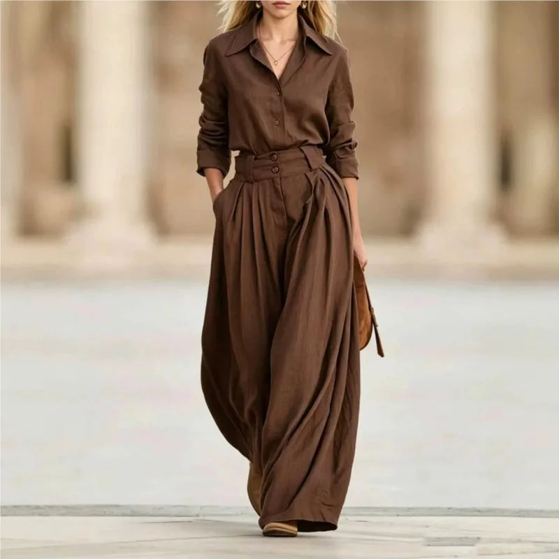 Two Piece Set – Lapel Shirt and Pleated Wide Leg Pants – Loose | KIMLUD