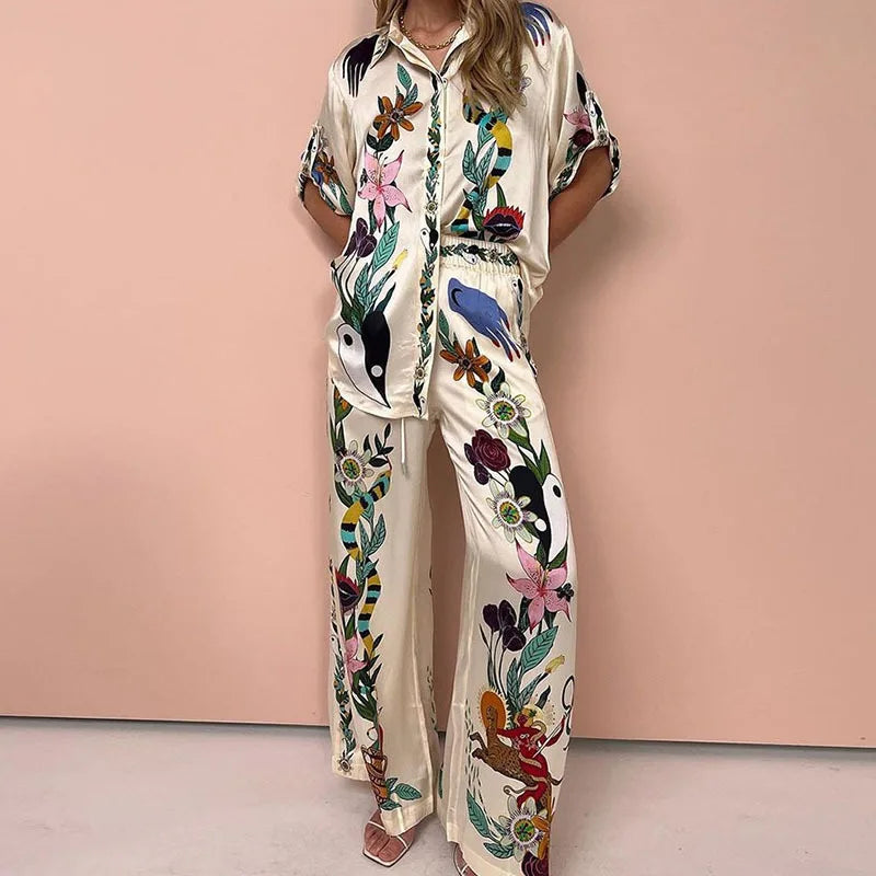 Long Sleeve Long Pant Sets Women  Retro Lapel Single Breasted Blouses Trousers 2 Piece Set Printed Color-blocking Elastic Waist