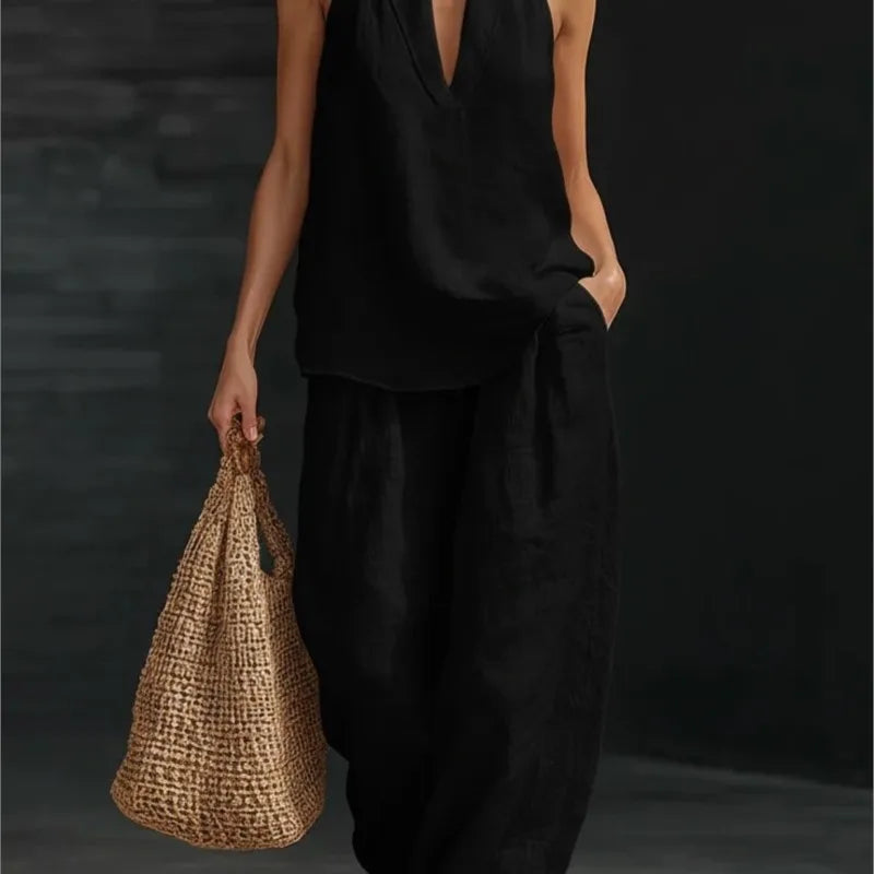 Two Piece Set – Sleeveless V Neck Top and Wide Leg Pants – Broadcloth | KIMLUD