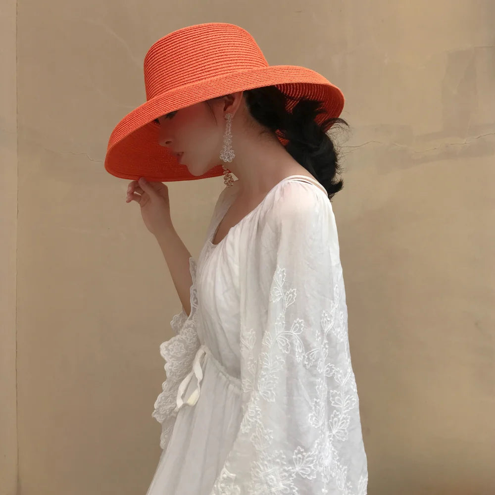 Straw Sun Hat Hepburn Foldable — Rose Red | KIMLUD