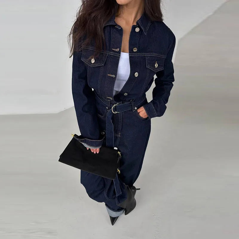 Denim-Inspired Jumpsuit Turn-Down Collar Lace-Up Full Sleeve Wide-Leg — Brown | KIMLUD