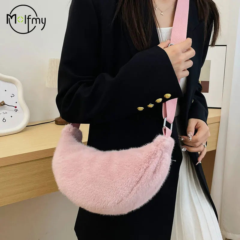 Soft Plush Shoulder Underarm Bags Fluffy Solid Color Bags Purse Autumn Winter Handbag Women Lady Fashion Storage Pouch 2025 New
