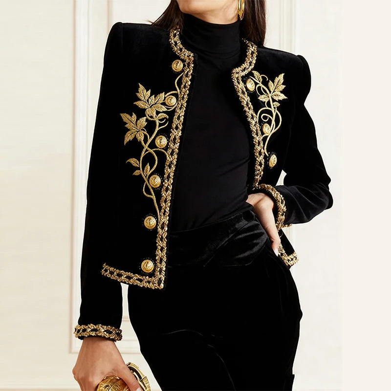 Modigirl Woman Fall Winter Gold Embroidered Jackets 2025 New Velvet Long Sleeve Round Neck Button Christmas Holiday Ladies Coat