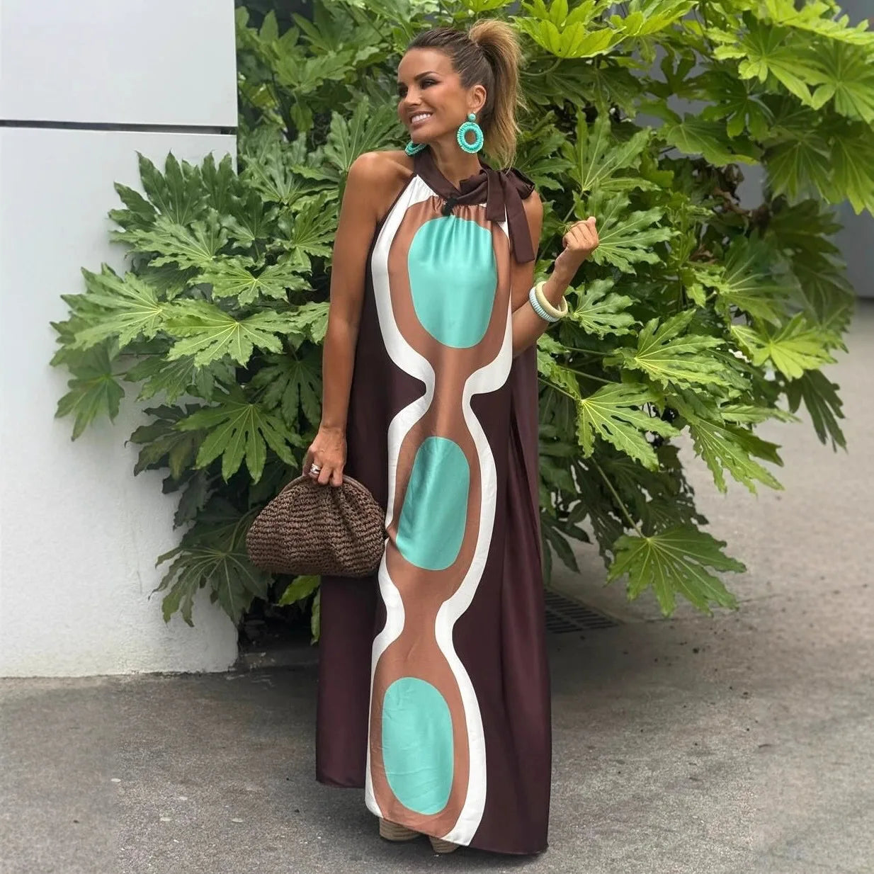 Casual Print Halter Neck Leace-up Long Dresses Women Summer New Vacation Style Loose Maxi Dress Female Vintage Commuting Vestido
