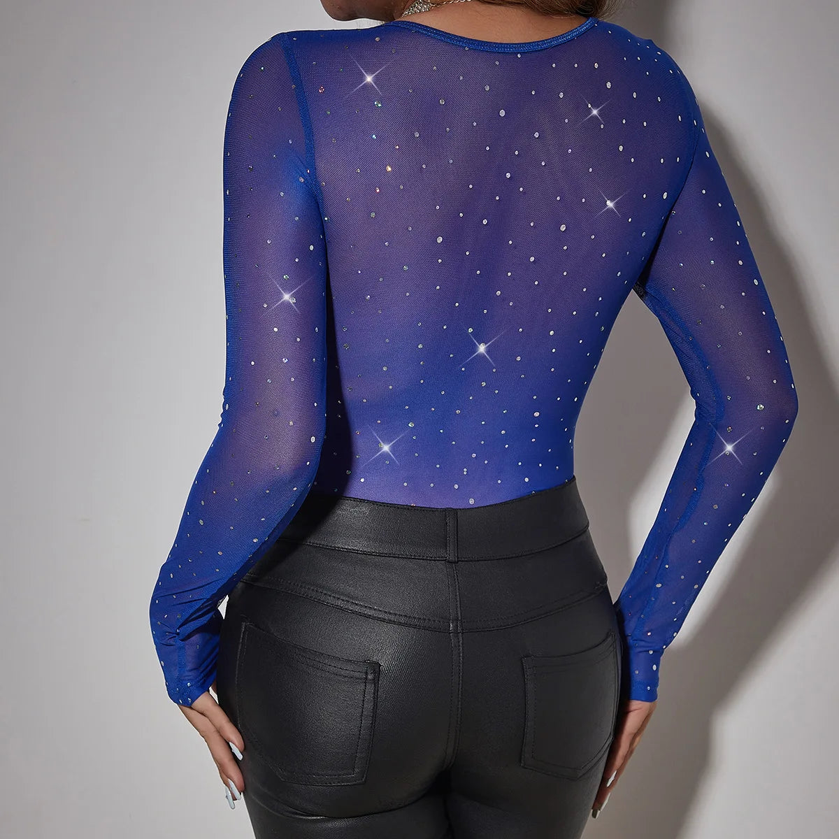 Sequin Mesh Bodysuit Slim Long Sleeve Sweetheart Neck — Black | KIMLUD