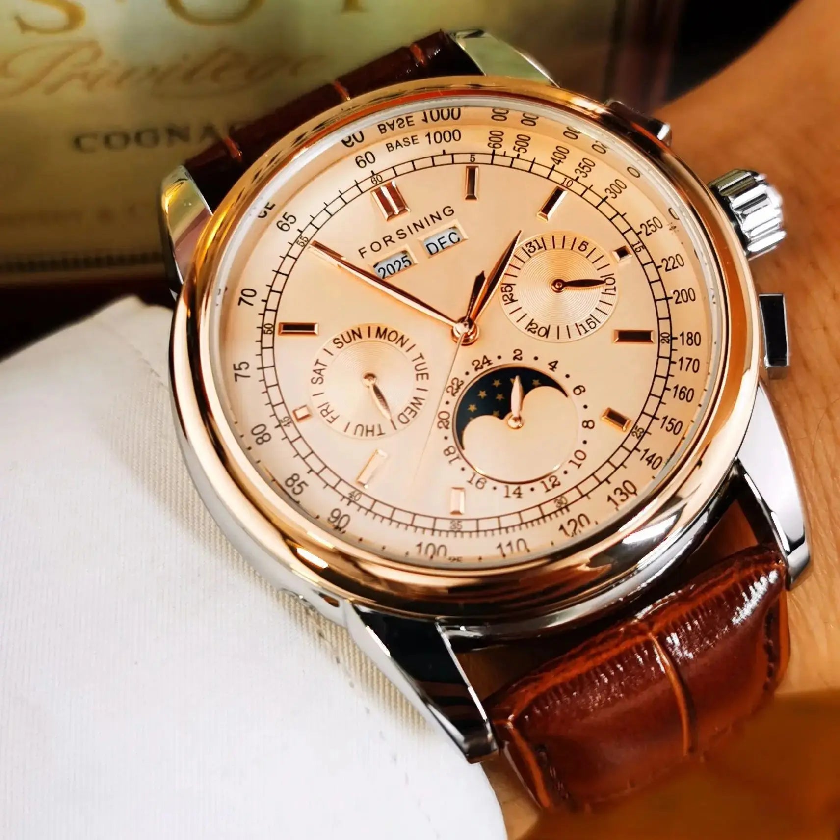 Leather Moon Phase Automatic Watch — Rose Gold | KIMLUD