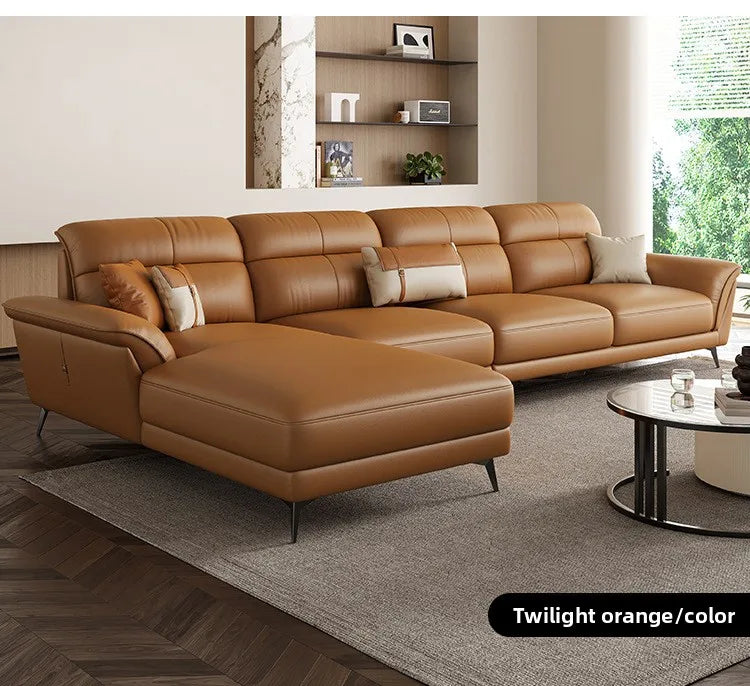 Leather Sculpted Modern L-Shaped Sofa — Black | KIMLUD