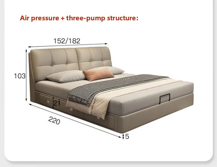 Modern Minimalism Genuine Napa Leather Bed With Built-In Storage Drawers — Beige | KIMLUD