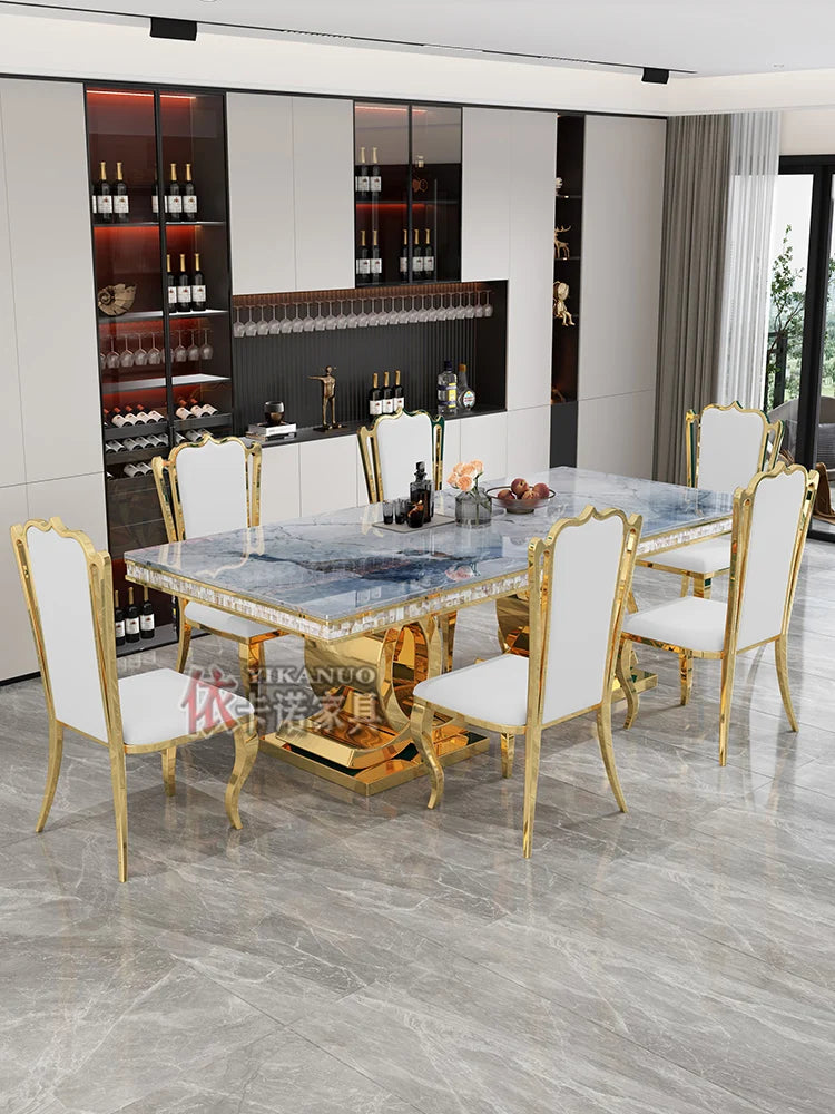 Marble Dining Table Set With Gold-Tone Frame — White | KIMLUD