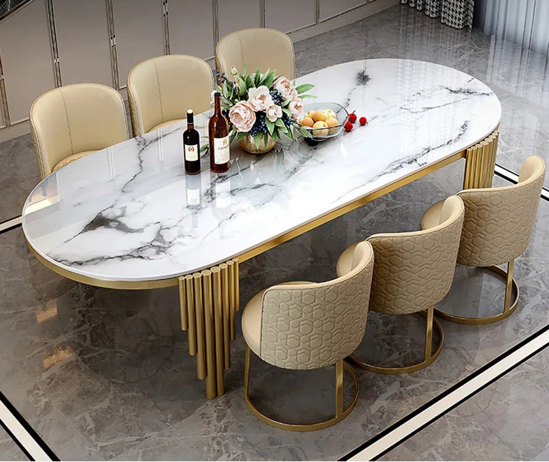 Stainless Steel Dining Set With Marble Table And Cream Upholstered Chairs — White | KIMLUD