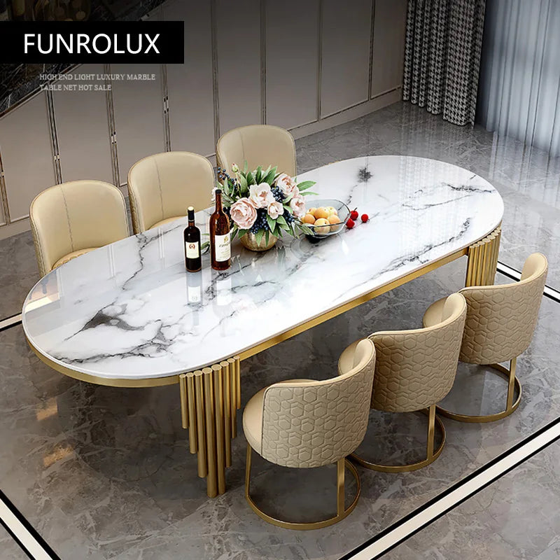 Stainless Steel Dining Set With Marble Table And Cream Upholstered Chairs — White | KIMLUD