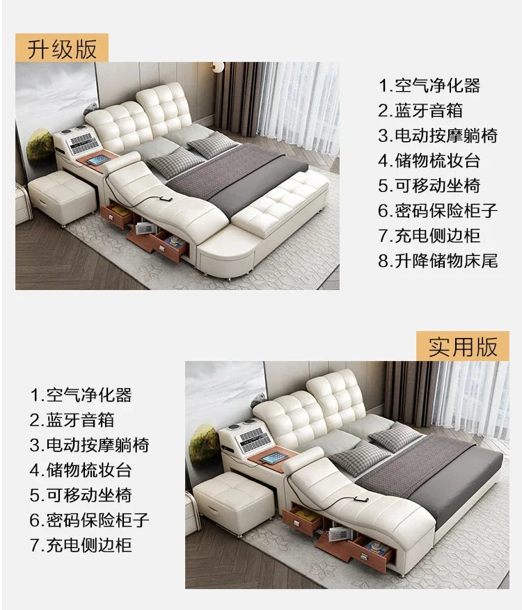 Genuine Leather Bed Tech Smart Multifunctional Massage, Bluetooth Speaker, Air Cleaner — White | KIMLUD