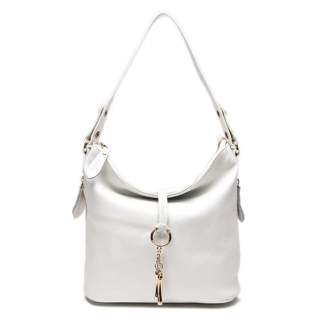 Genuine Leather Hobo Bag With Ring Accent — Red | KIMLUD