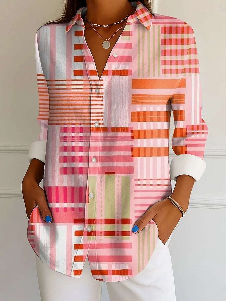Shirt – Graphic Geometric Striped Tropical Print – Long Sleeve | KIMLUD