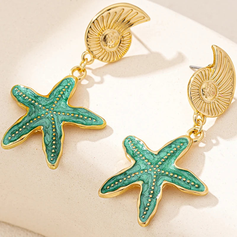 Conch Earrings for Women Fashion Children's Fun Ocean Series Metallic Color Starfish Beach Holiday Style Banquet Gift