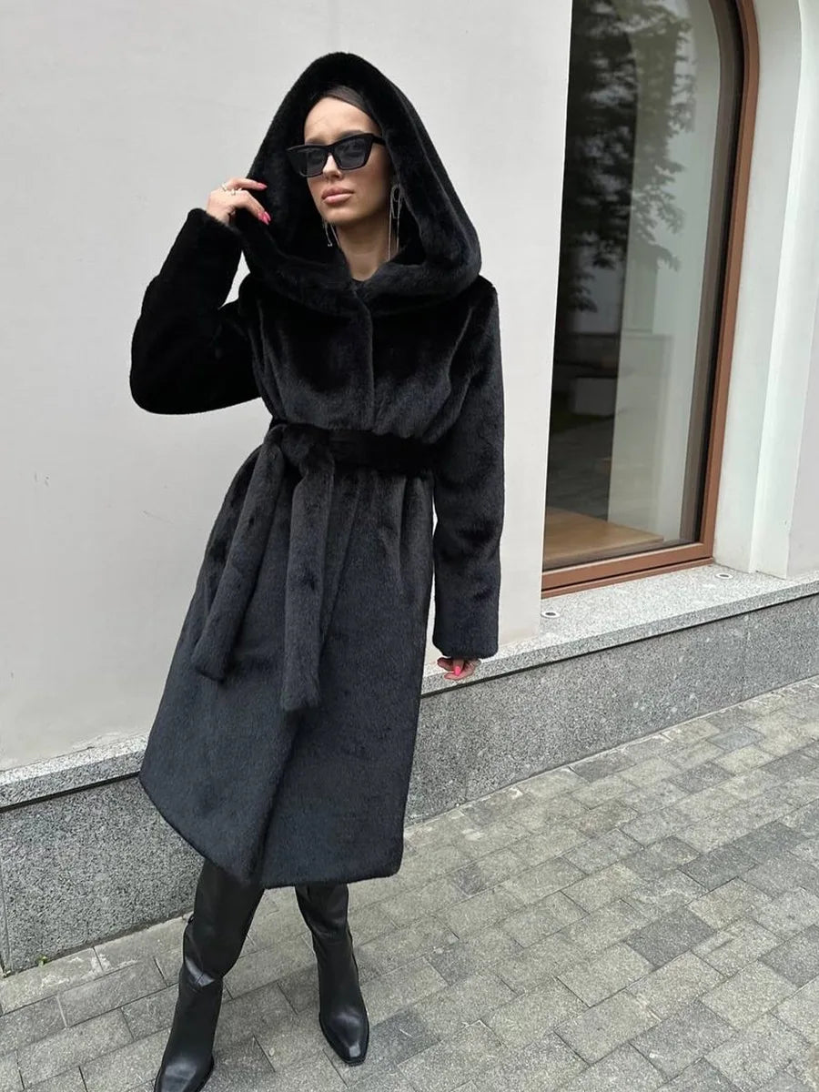 Faux Fur Coat – Hooded – Regular Length – Artificial Fur | KIMLUD