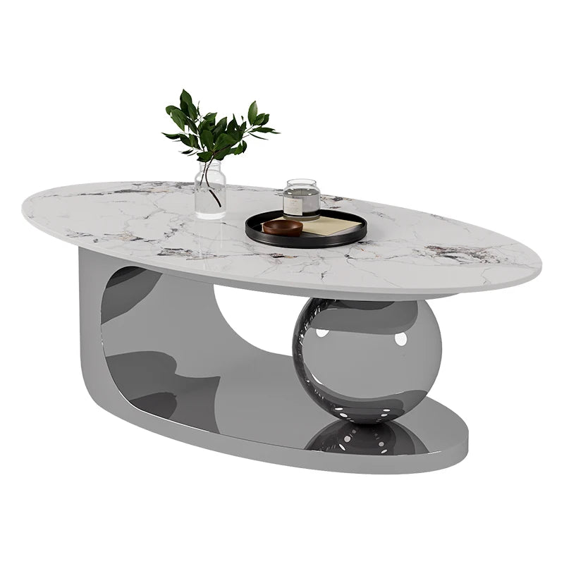 Nordic Designer Minimalist Coffee Table Oval Silhouette Rock Slab Top — Ivory White | KIMLUD