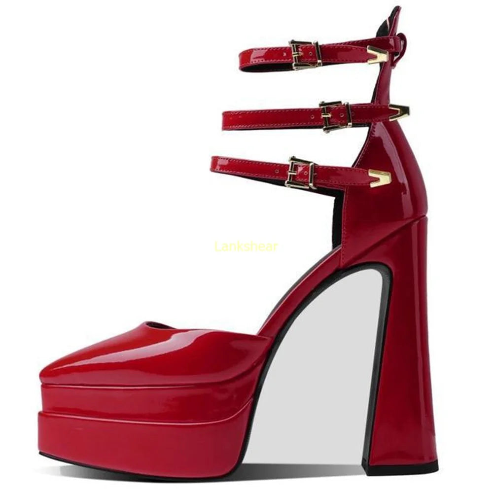 Platform Multi Strap High Heels Patent Leather Sexy Pointed Toe Square Heel Solid New Arrivlas Fashion Women Runway Shoes