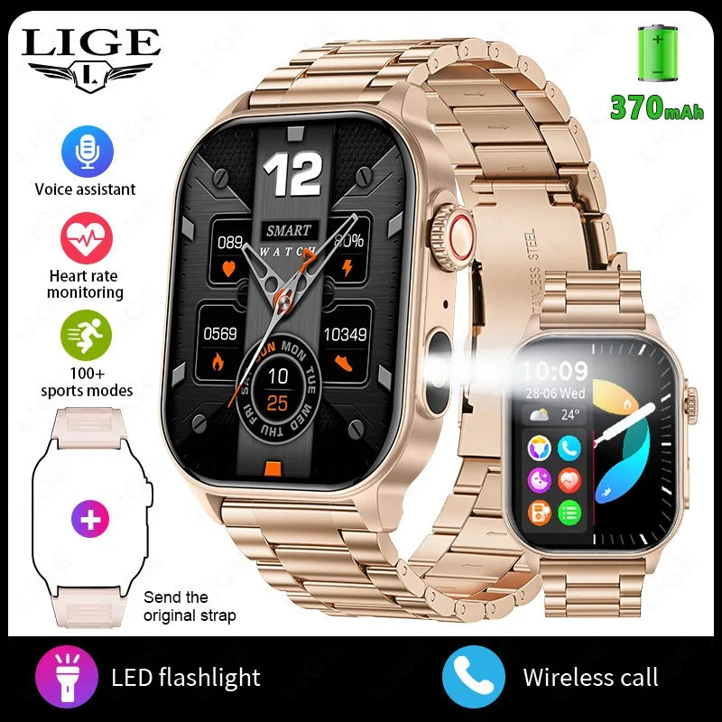 LIGE New Smart Watch LED Flashlight Military Sport Watches 2.01'' Screen Health Monitor Bluetooth Call Waterproof Smartwatch Men