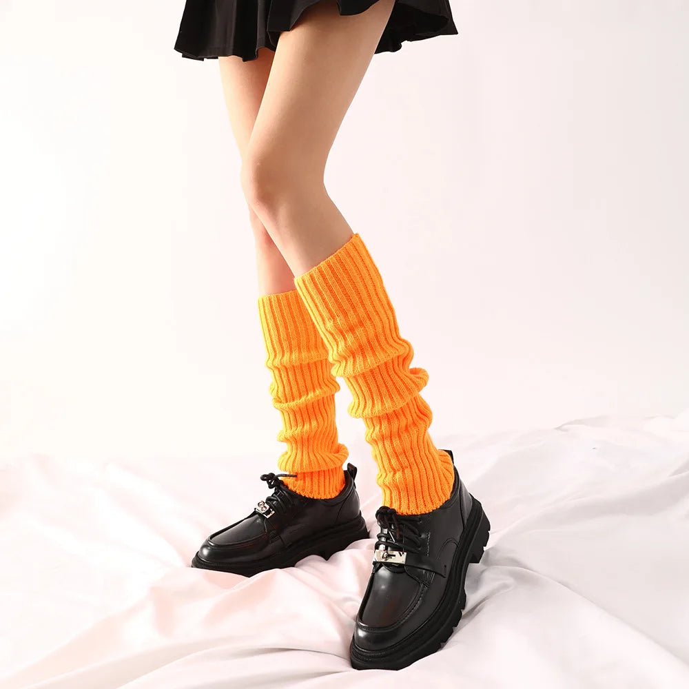 Knit Socks Neon Ribbed Leg Warmers — Black | KIMLUD