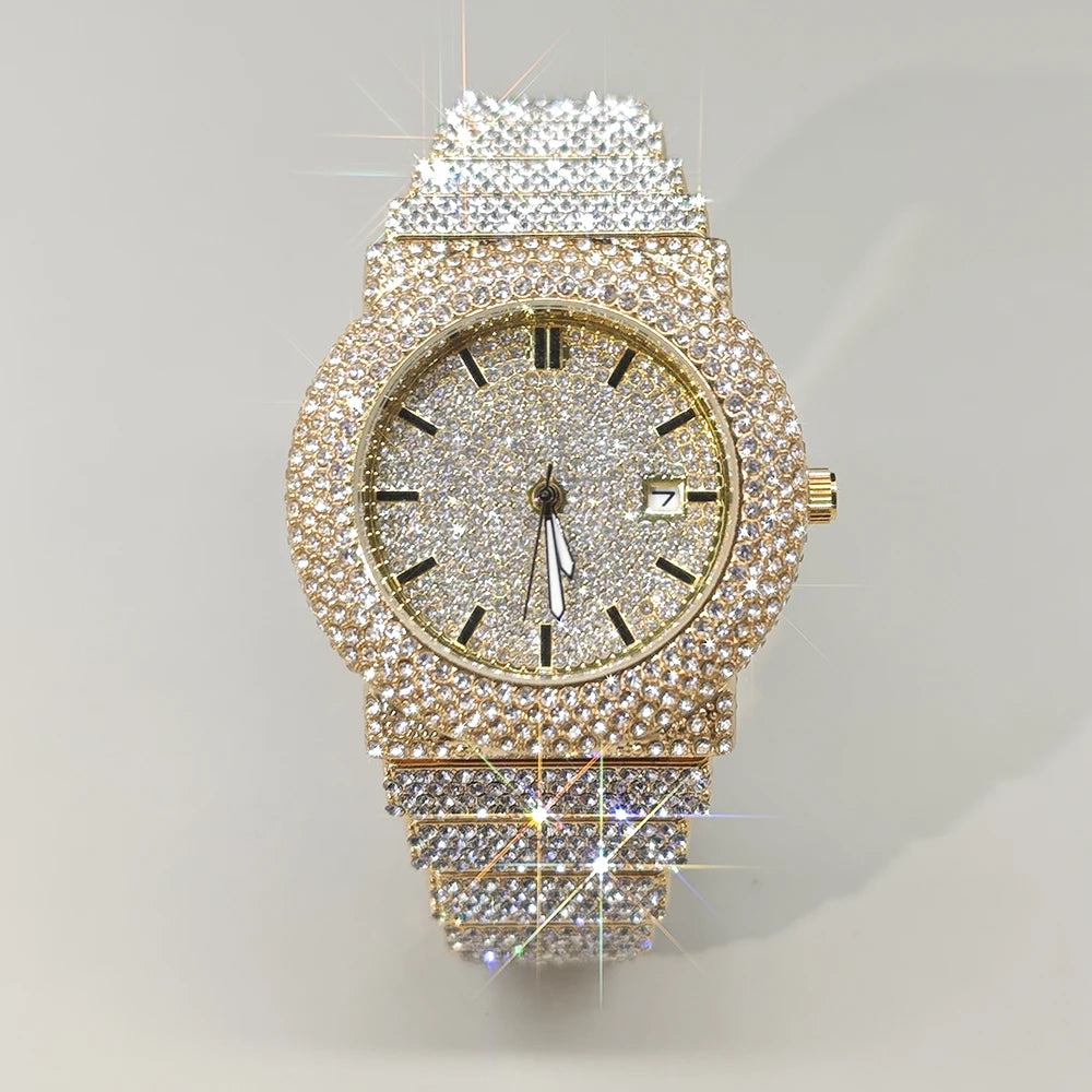 Hot New Luxury Watches For Men Full Diamond Iced Hip Hop Stylish Quartz Watch For Male Waterproof Calendar Men's Wristwatches