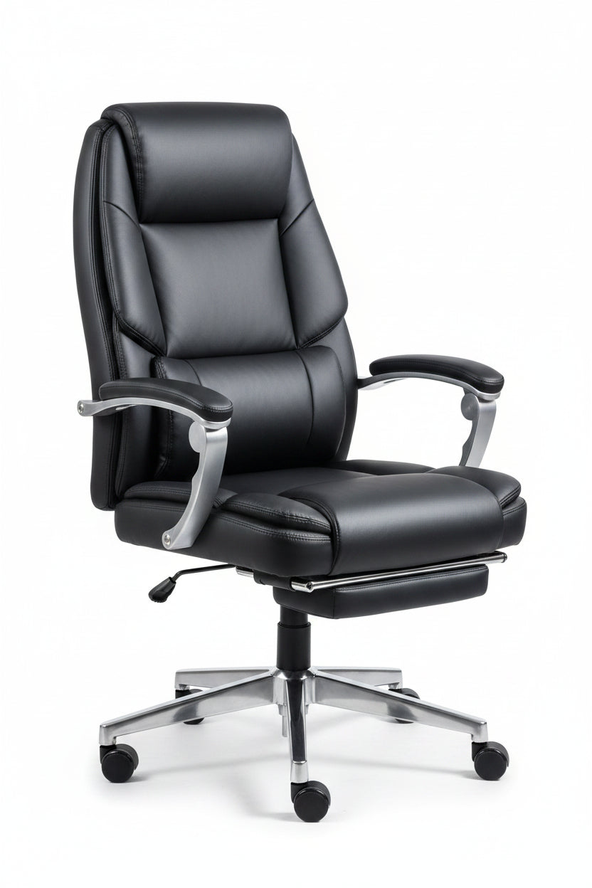 Black leather office chair with dimension annotations showing measurements for width, height, depth, and arm width on a white background.