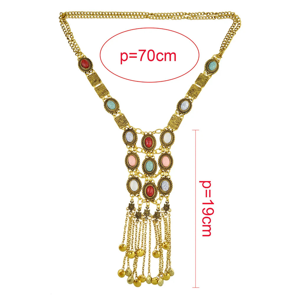 Pendant Necklace – Multi Layer Tassel Bell Turquoise Gemstone – Zinc Alloy | KIMLUD