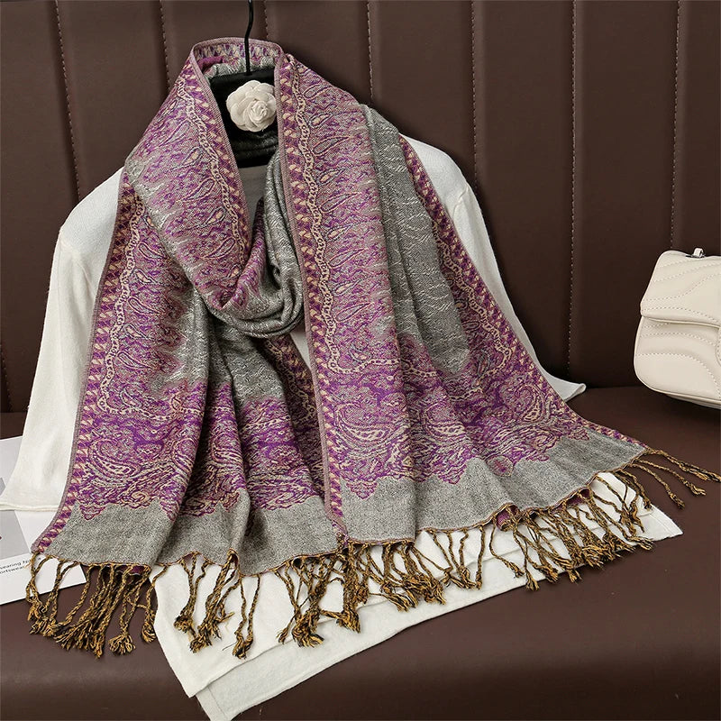 Cashmere Pashmina Shawl With Autumn Print Design, Olive Accents And Gold-Toned Fringe — Red | KIMLUD