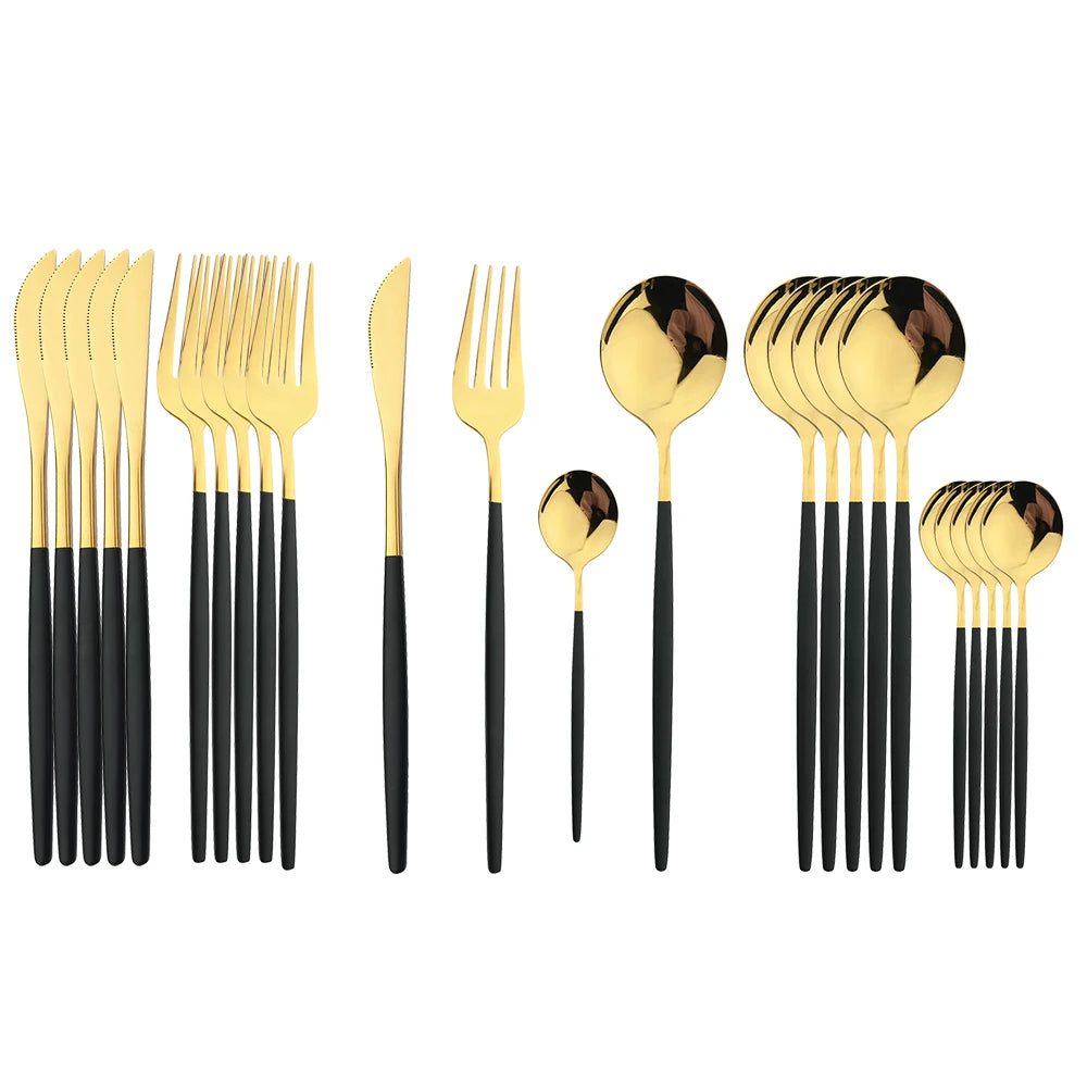 Gold Tone Cutlery Set With Black Handles — Black | KIMLUD