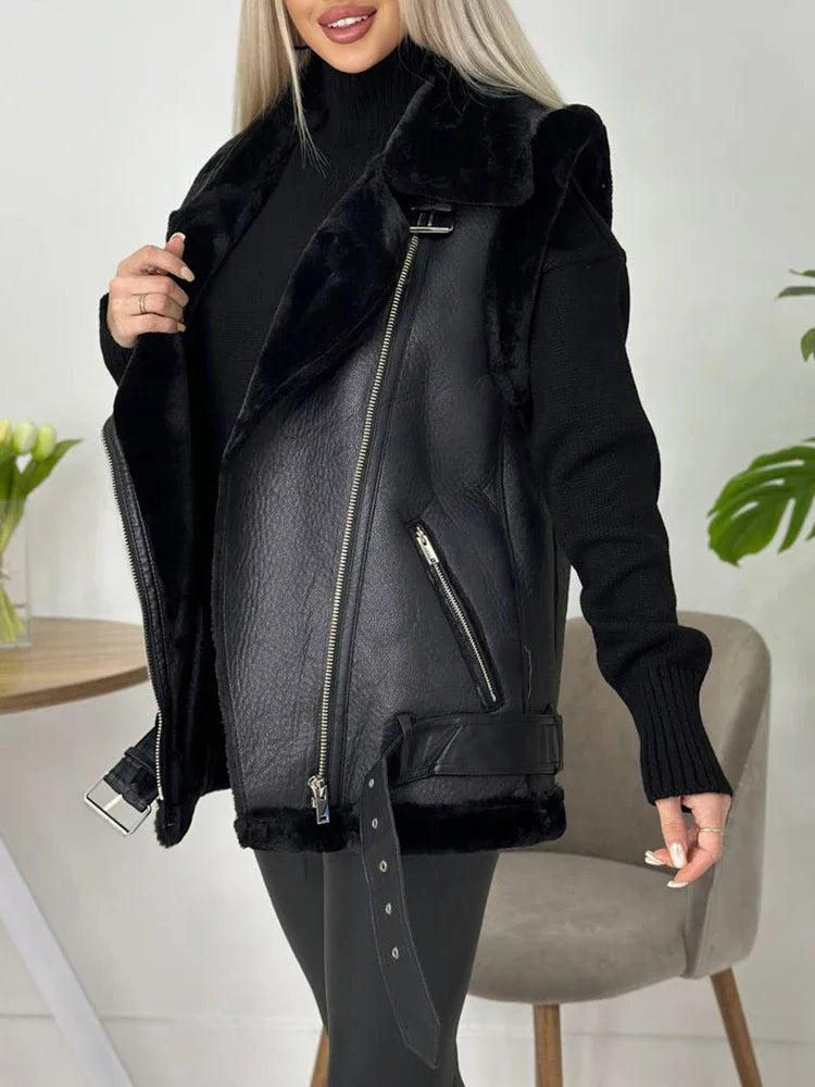 Streetwear Women Loose Thick Warm Sleeveless Faux Soft Fur Leather Vest Autumn Winter Female Zipper Belt Waistcoat Tops