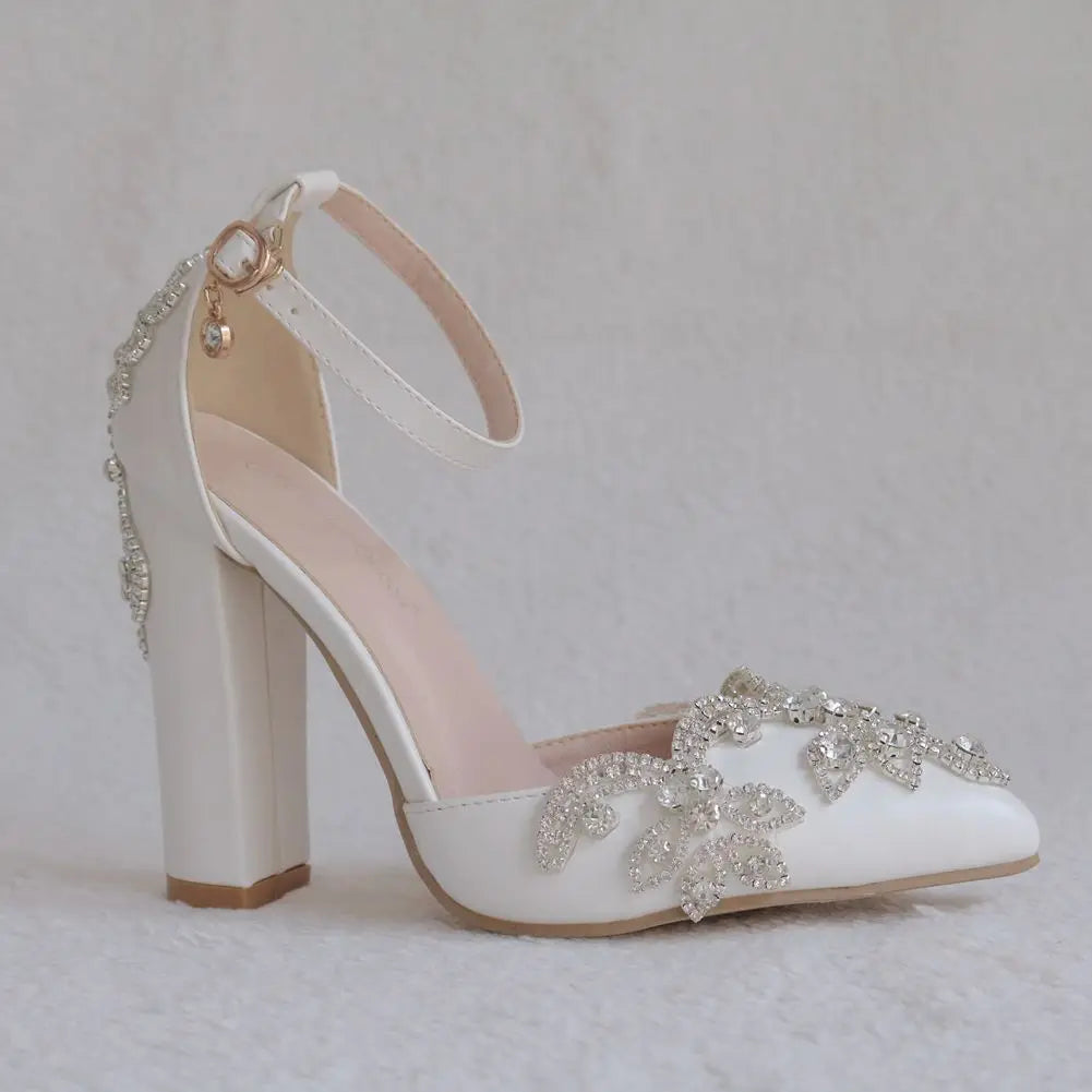 PU Sandals Rhinestone Flower Embellished Square Heel — White | KIMLUD