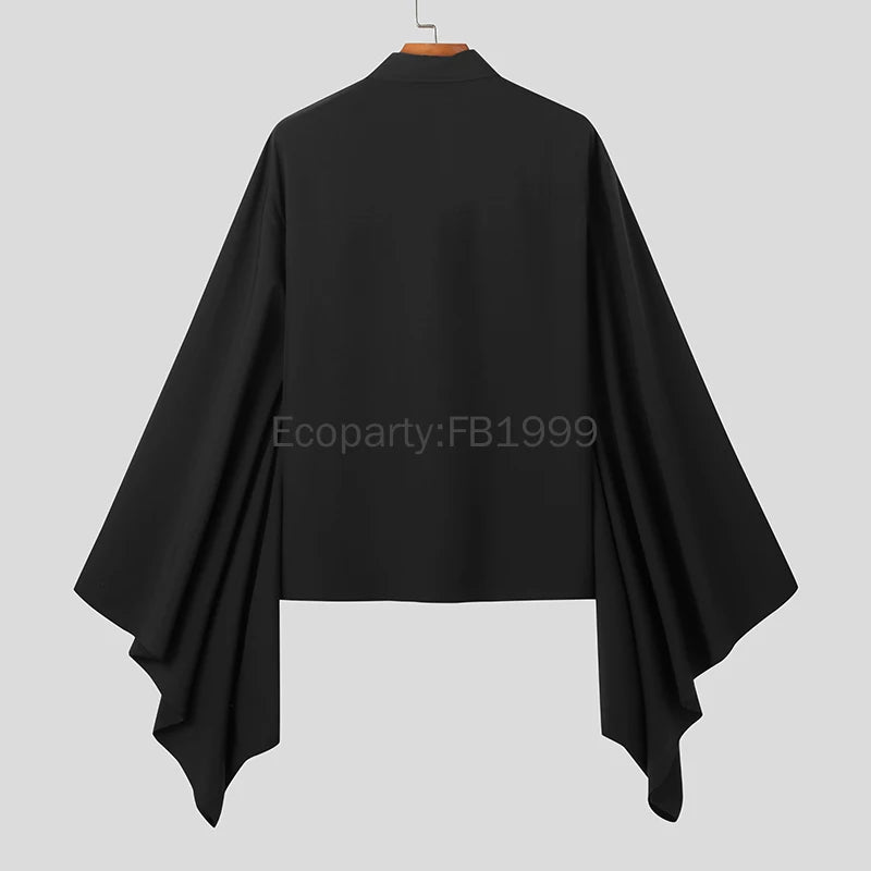 Men Hanfu Shirt – Black Lapel Flare Long Sleeve Gothic – Polyester – Black | KIMLUD
