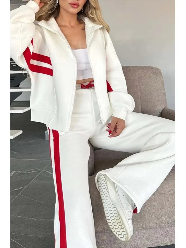 Y2K Striped Hoodie Set Loose Fit Jacket — White With Red Stripes | KIMLUD