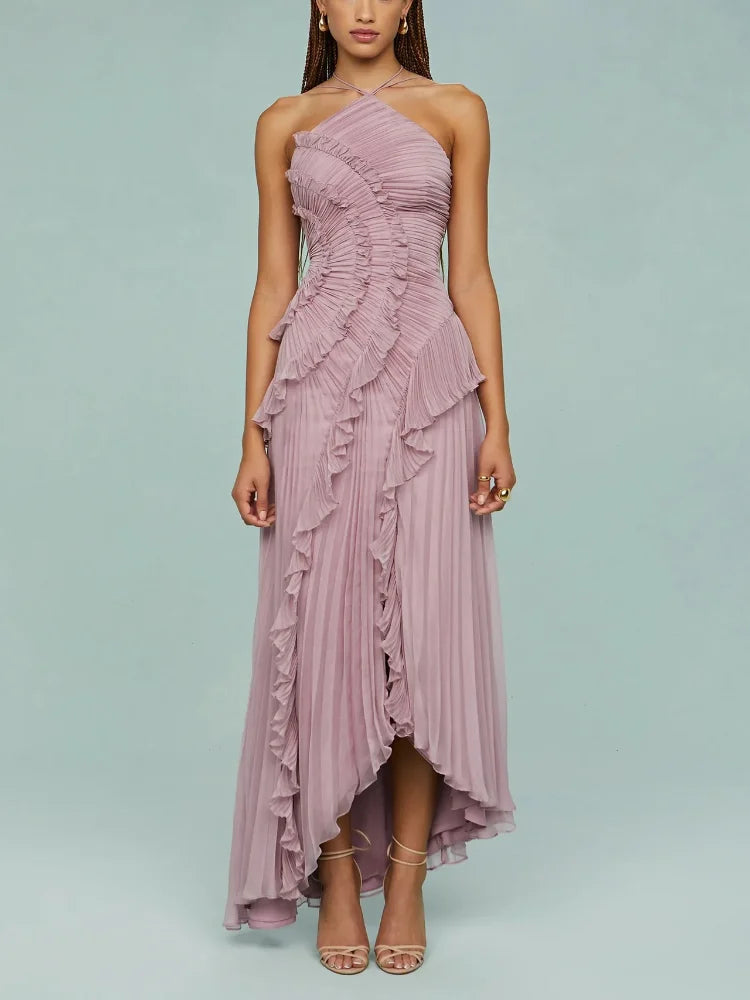 Ruffles Tiered Pleated Maxi Dress Women Summer Fashion A Line Backless Halter Sexy Dresses Gown Elegant Evening Long Party Dress