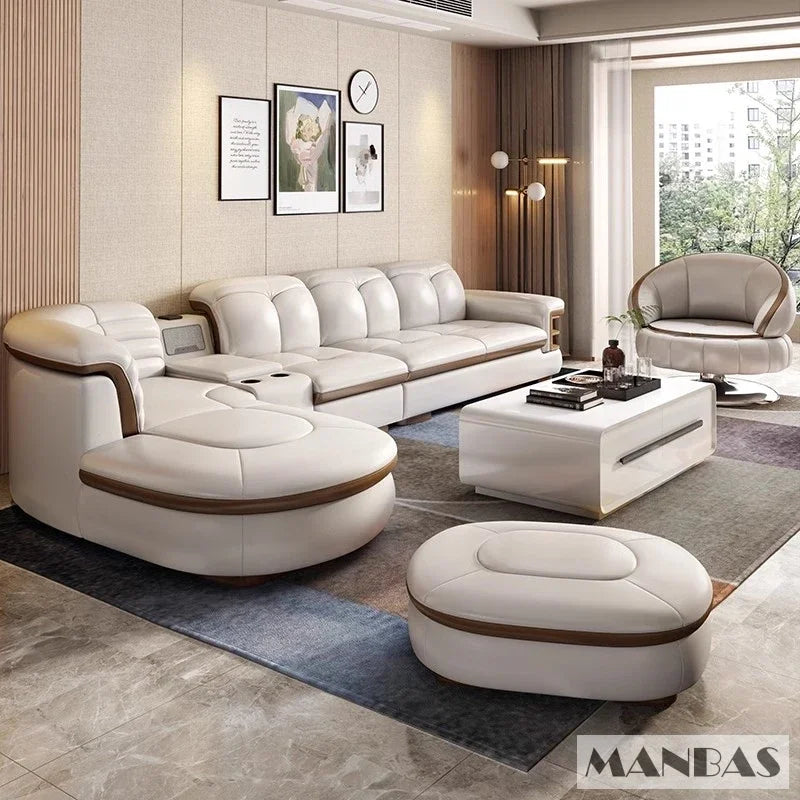 Luxury L-Shaped Genuine Leather Sectional Sofa Sets with USB, Bluetooth Speaker - Linlamlim Living Room Italian Leather Couches